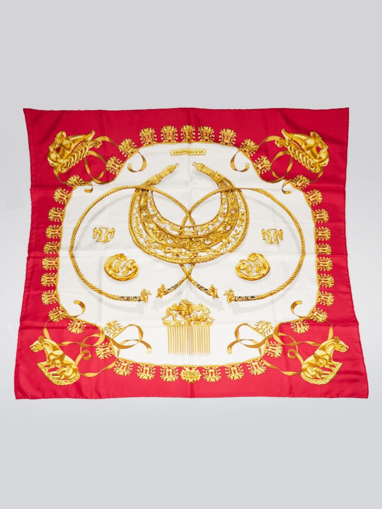 Hermes Red Silk Les Cavaliers d'Or Motif Print 90 cm Square Scarf