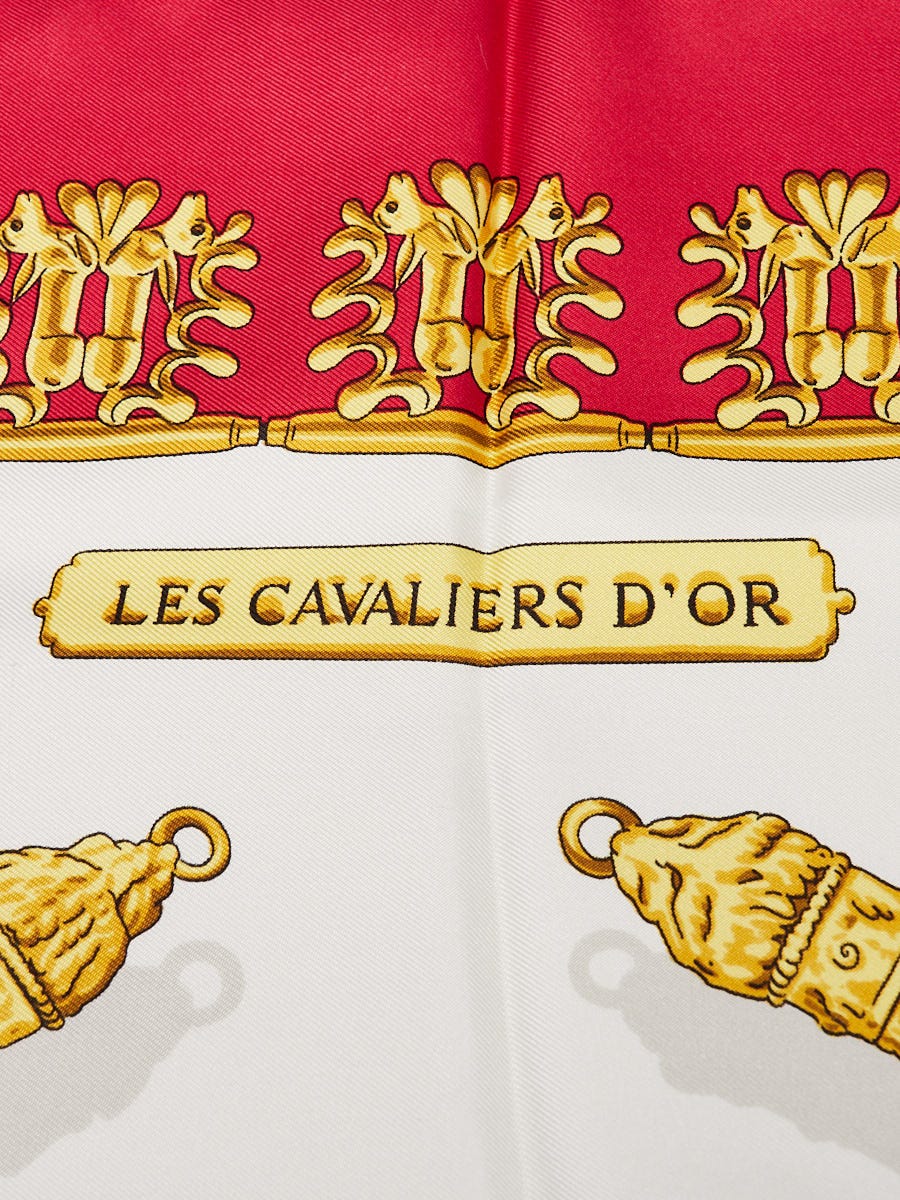 Hermes Red Silk Les Cavaliers d'Or Motif Print 90 cm Square Scarf