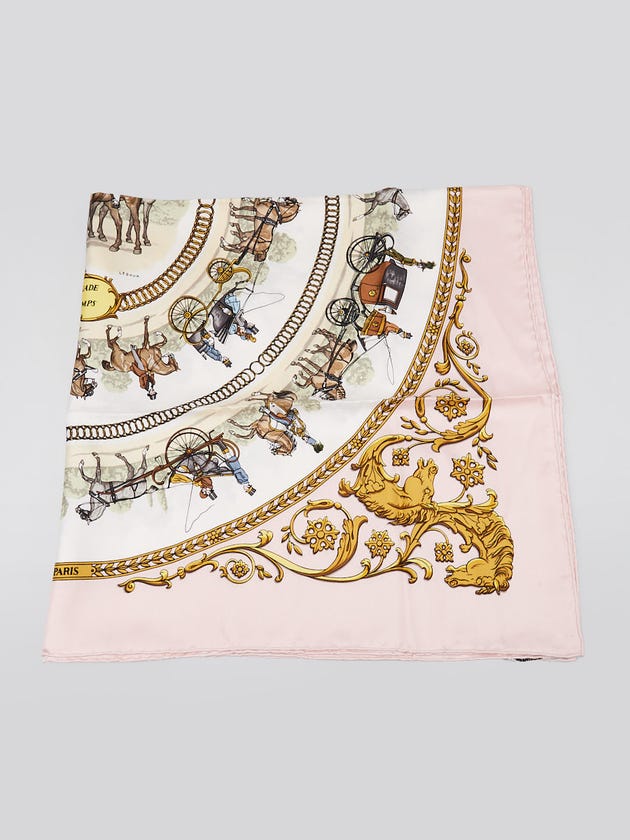 Hermes Pink/Gold Silk La Promenade de Longchamps Print Square Scarf