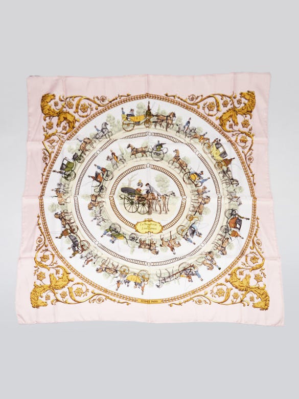 Hermes Pink/Gold Silk La Promenade de Longchamps Print Square Scarf