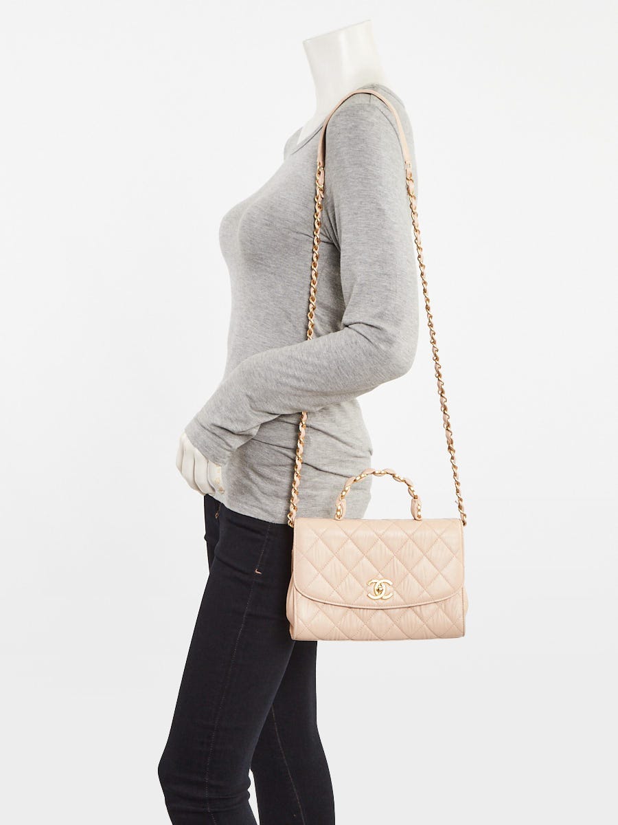 Chanel Beige Quilted Crumpled Lambskin CC Links Top Handle Flap Bag