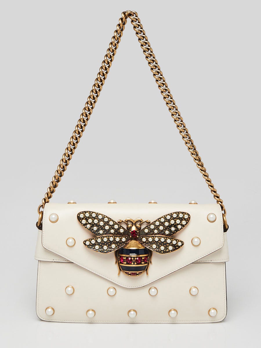 Gucci White Leather Pearl Studded Mini Broadway Bee Shoulder Bag