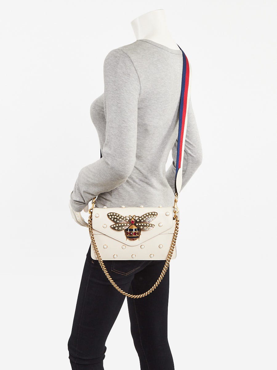 Gucci White Leather Pearl Studded Mini Broadway Bee Shoulder Bag