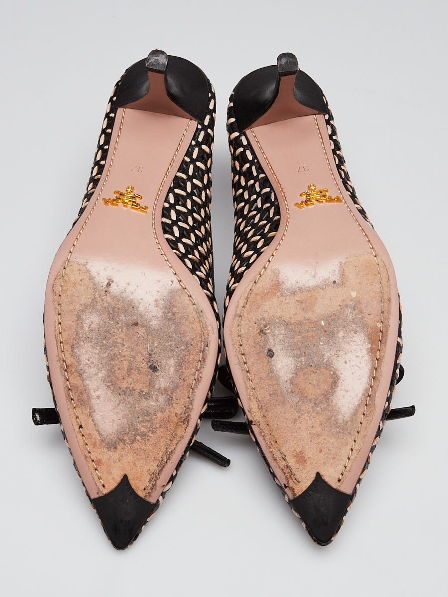 Prada Beige/Black Woven Leather Bow Pumps Size 6.5/37