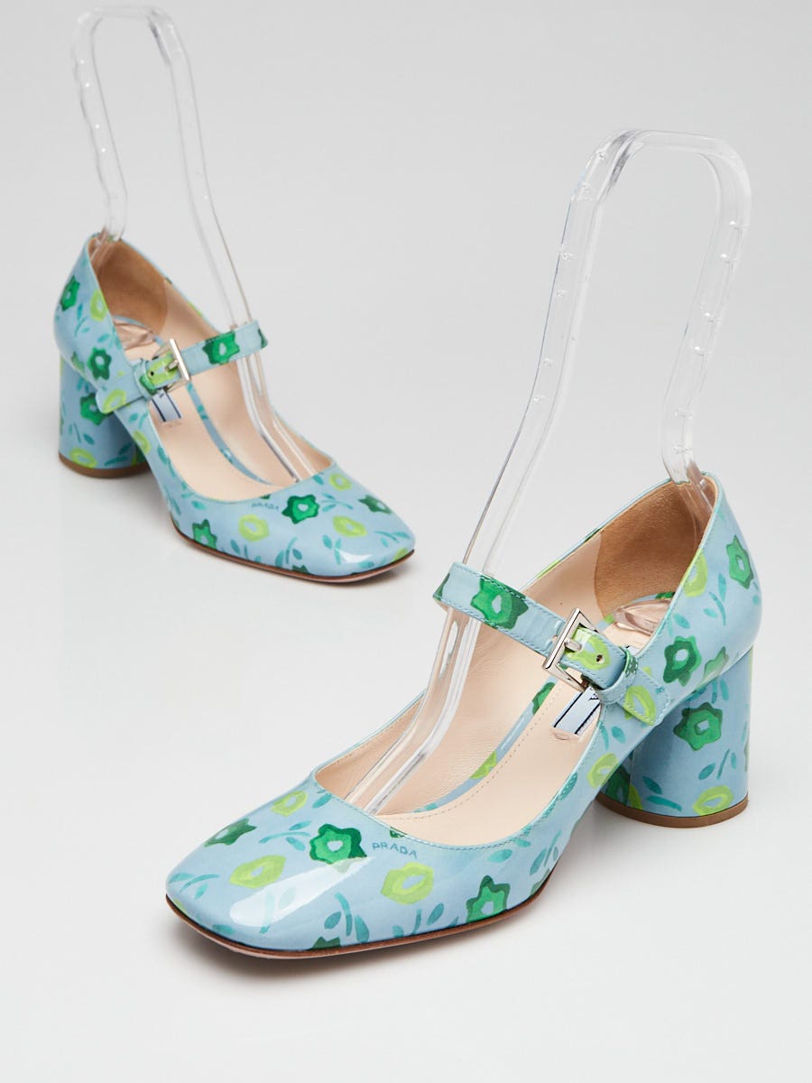 Prada Blue Patent Leather Floral Print Mary Jane Pumps Size 6.5/37