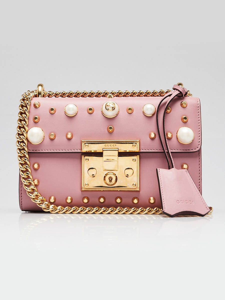 Gucci Pink Leather Faux Pearl Stud Padlock Small Shoulder Bag