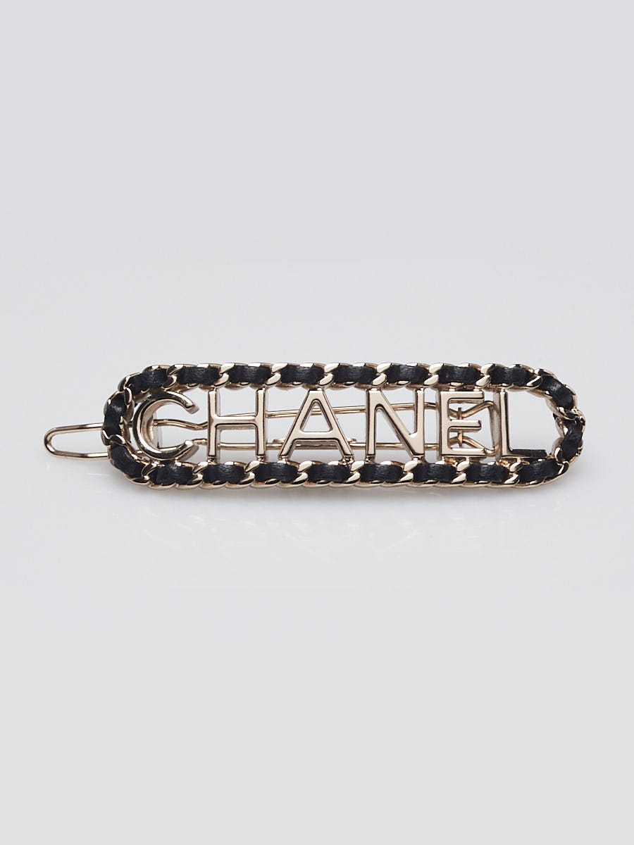 Chanel Goldtone Metal and Black Lambskin Leather Allure Logo Hair