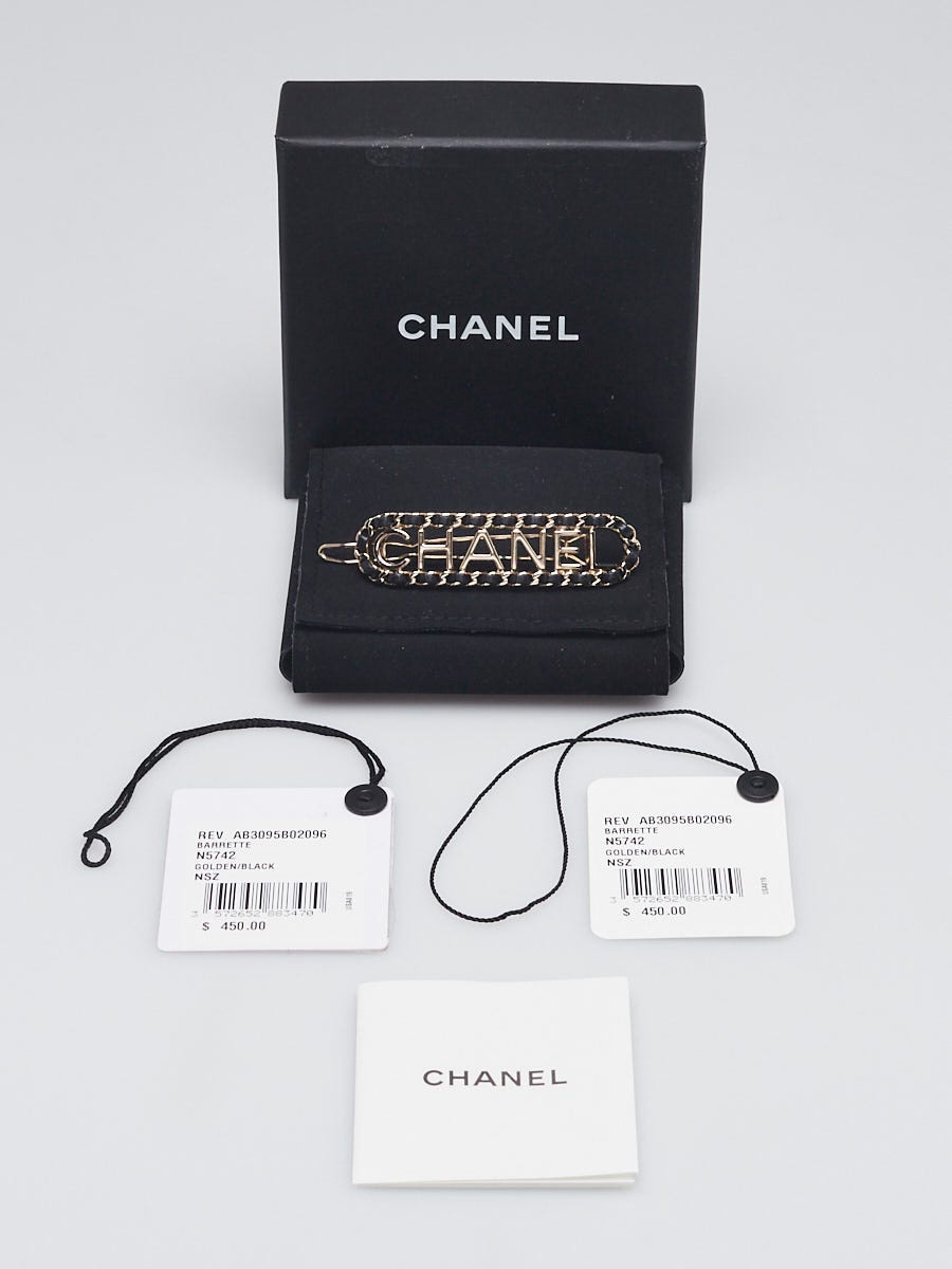Chanel Goldtone Metal and Black Lambskin Leather Allure Logo Hair Clip