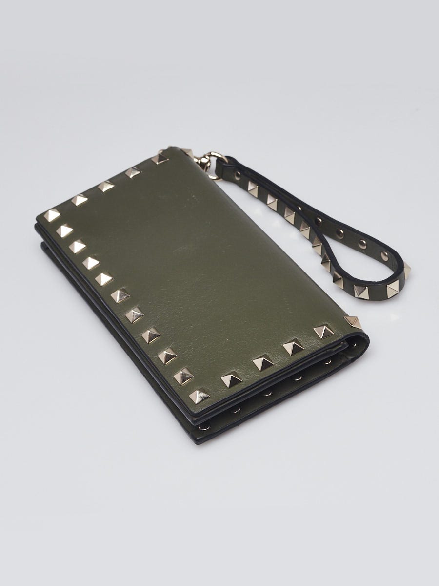 Valentino Dark Green Lambskin Leather Rockstud Wallet Clutch Bag
