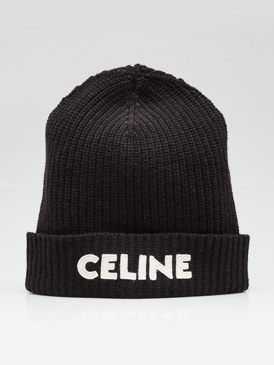 Celine Black Wool Ribbed Beanie Logo Hat | Yoogi's Closet