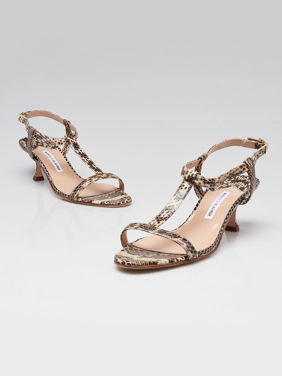 Manolo Blahnik Beige/Grey Snakeskin T-Strap Sandals Size 9.5/40