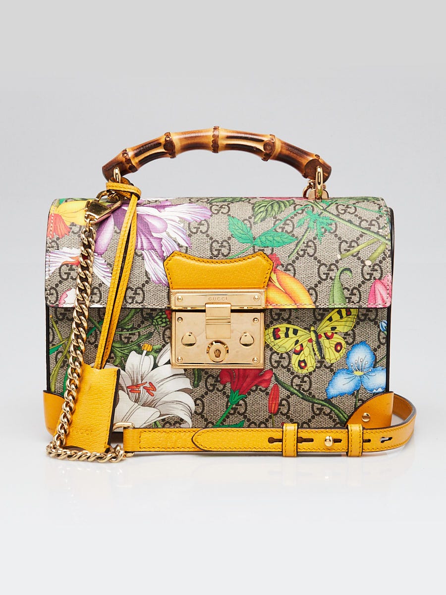 Gucci Yellow Leather Flora Printed GG Supreme Canvas Small Padlock
