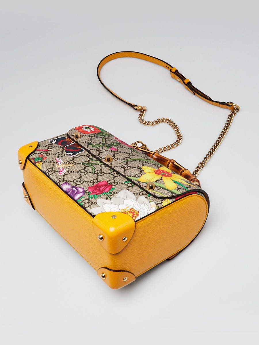 Gucci Yellow Leather Flora Printed GG Supreme Canvas Small Padlock