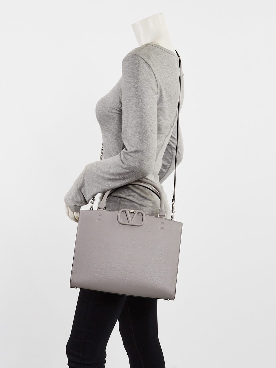 Valentino Grey Pebbled Leather VLogo Crossbody Tote Bag