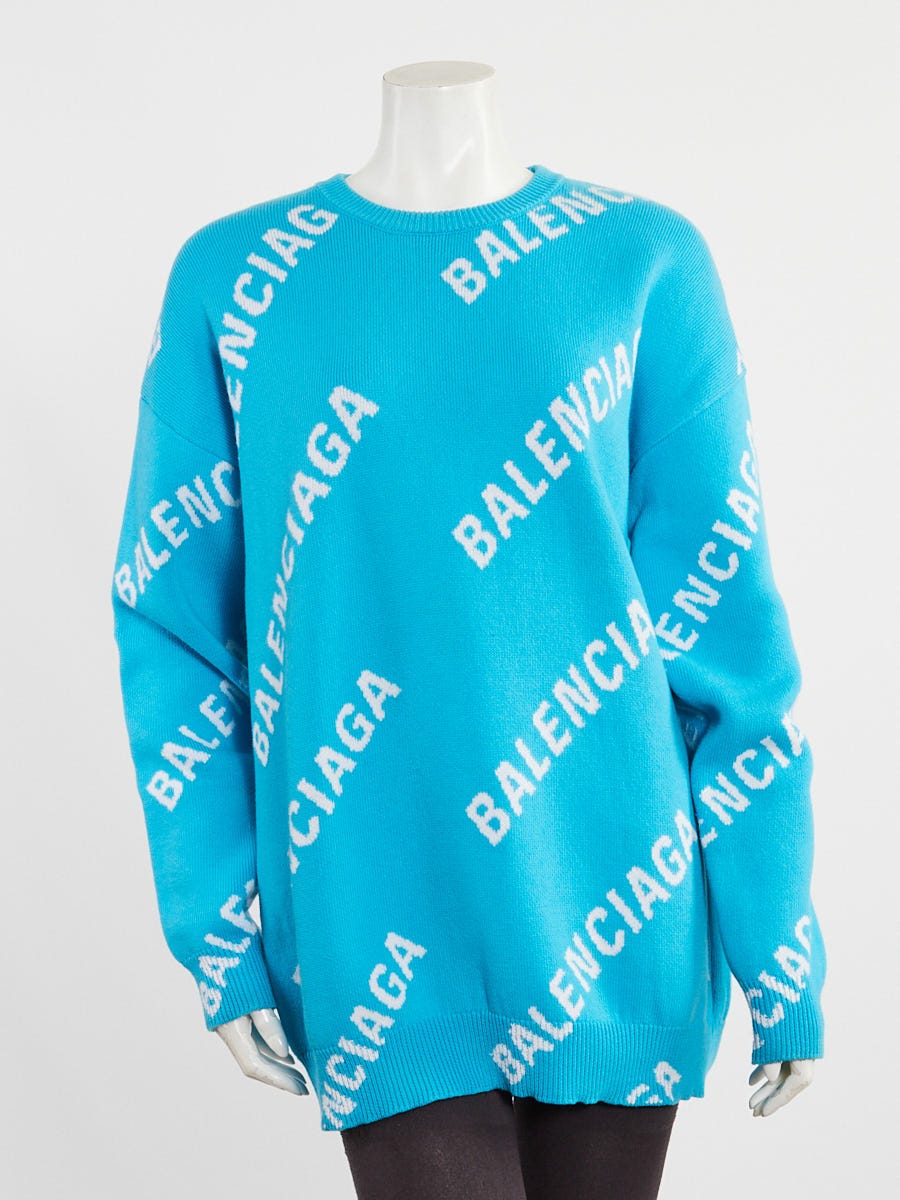 Balenciaga Blue/White Cotton/Wool Blend Logo Oversized Sweater