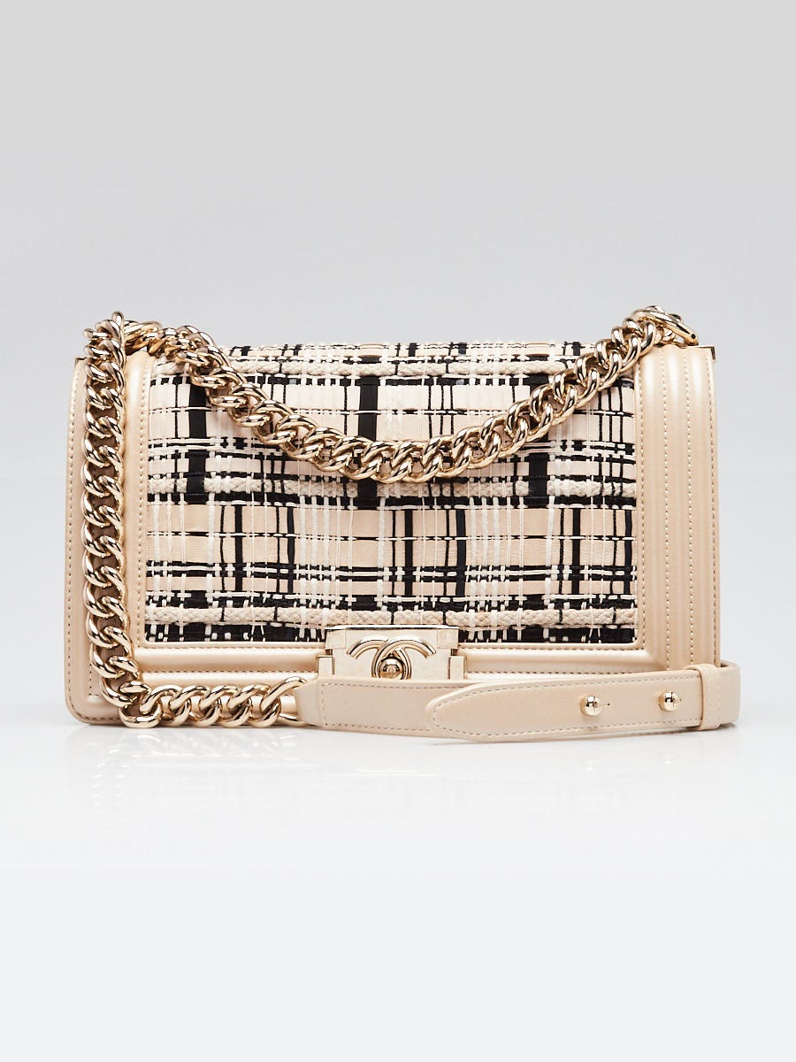 Chanel Beige Iridescent Calfskin Leather and Tweed Medium Boy Bag