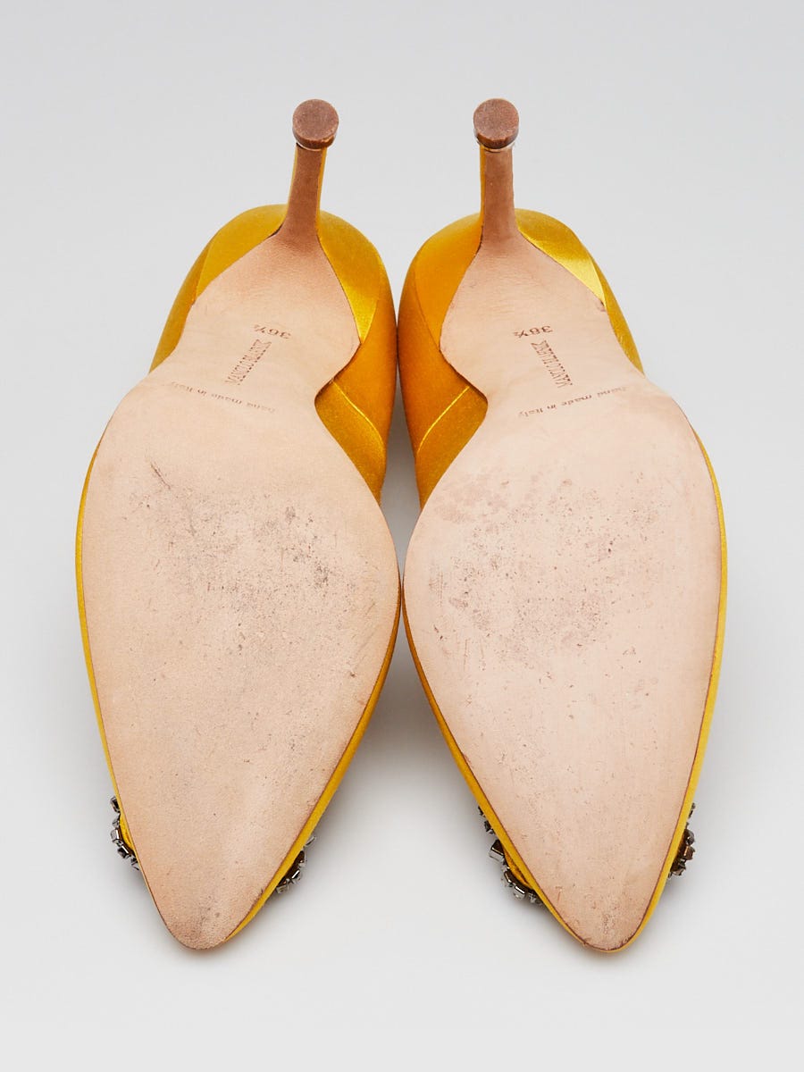 Manolo Blahnik Yellow Satin Crystal Buckle Hangisi 100 Pumps Size 6/36.5