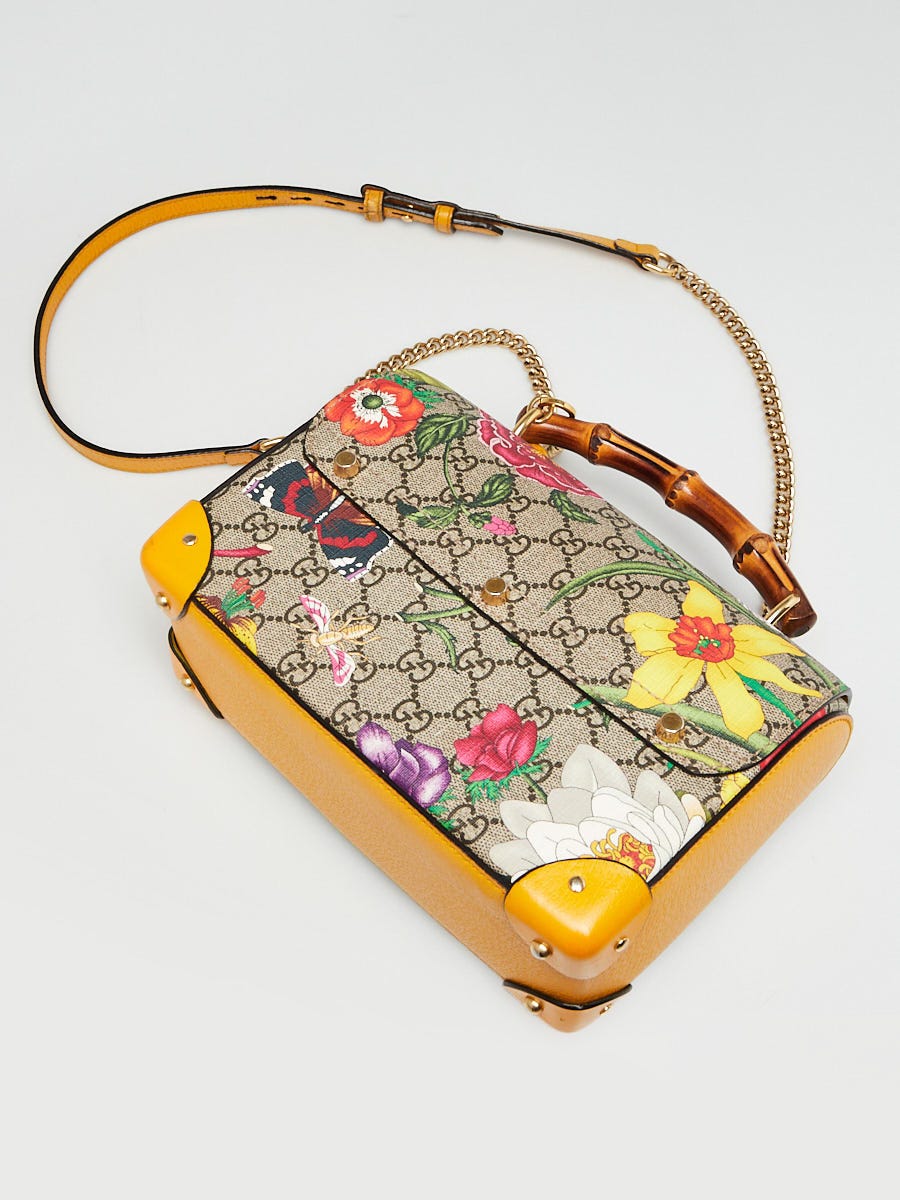 Gucci Yellow Leather Flora Printed GG Supreme Canvas Small Padlock