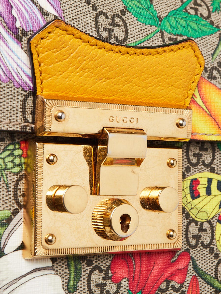 Gucci Yellow Leather Flora Printed GG Supreme Canvas Small Padlock