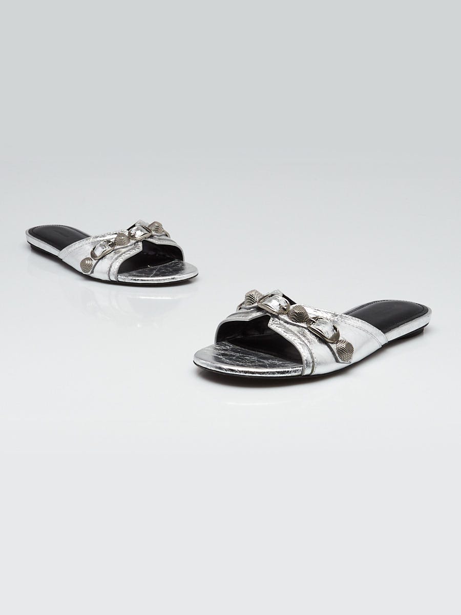 Balenciaga Silver Leather Cagole Flat Slide Sandals Size 5.5/36