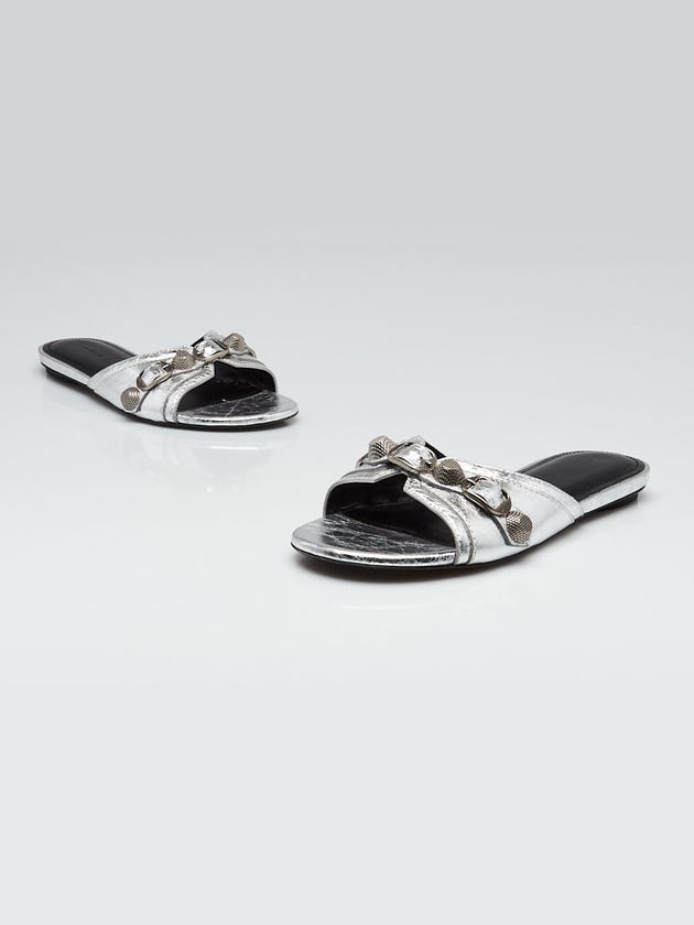 Balenciaga Silver Leather Cagole Flat Slide Sandals Size 5.5/36