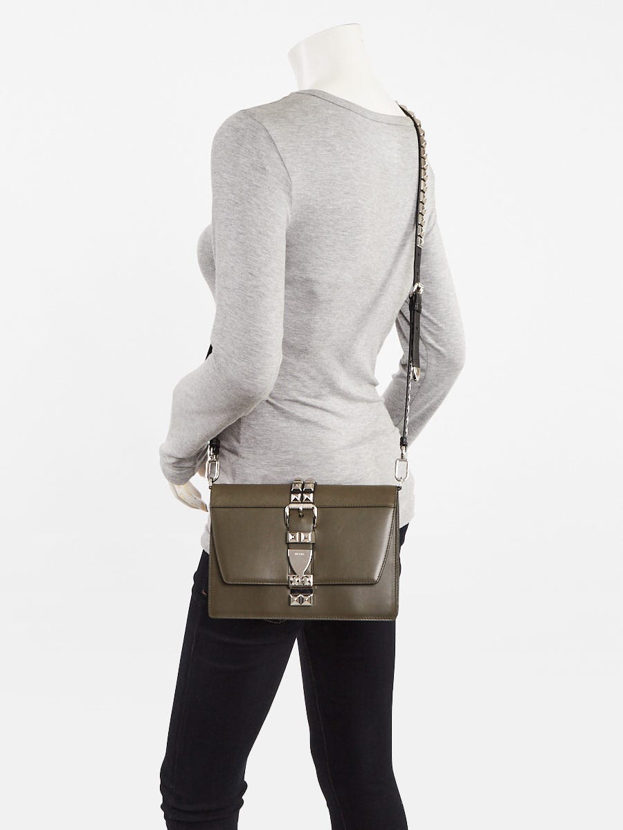 Prada Green City Calf and Saffiano Leather Studded Elektra Crossbody Bag 1BD120