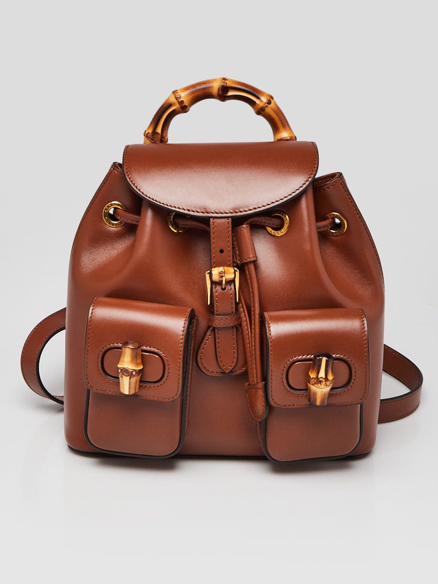 バッグ GUCCI Bamboo Leather Backpack Brown Gucci Brown Smooth Leather Bamboo Handle Small Backpack Bag