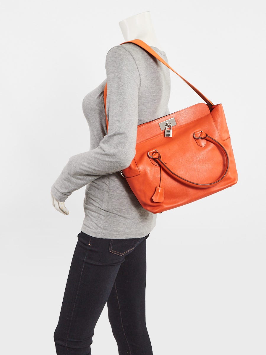Hermes 26cm Orange Evercolor Leather Palladium Plated Toolbox Bag