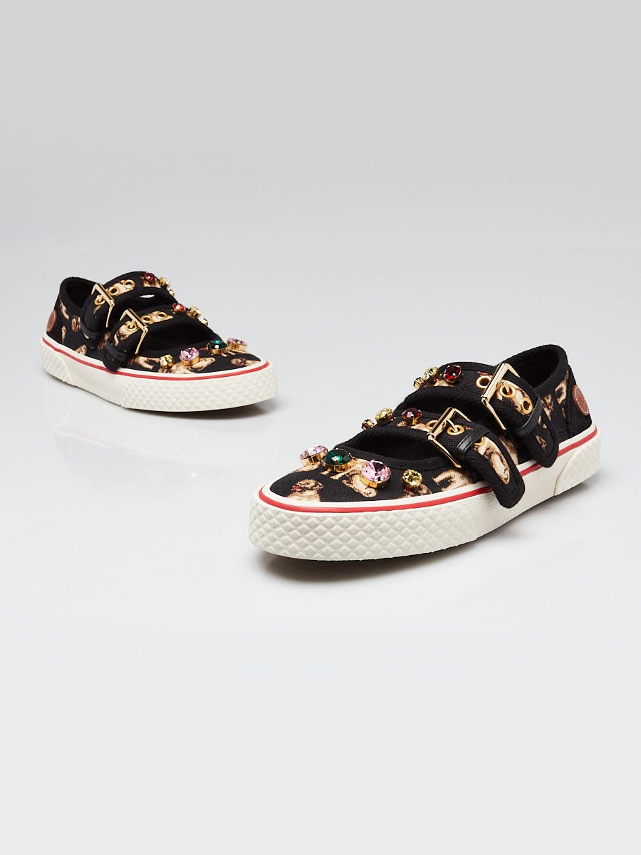 Valentino Black Canvas Crystal Puppy Print Dollyboard Sneakers