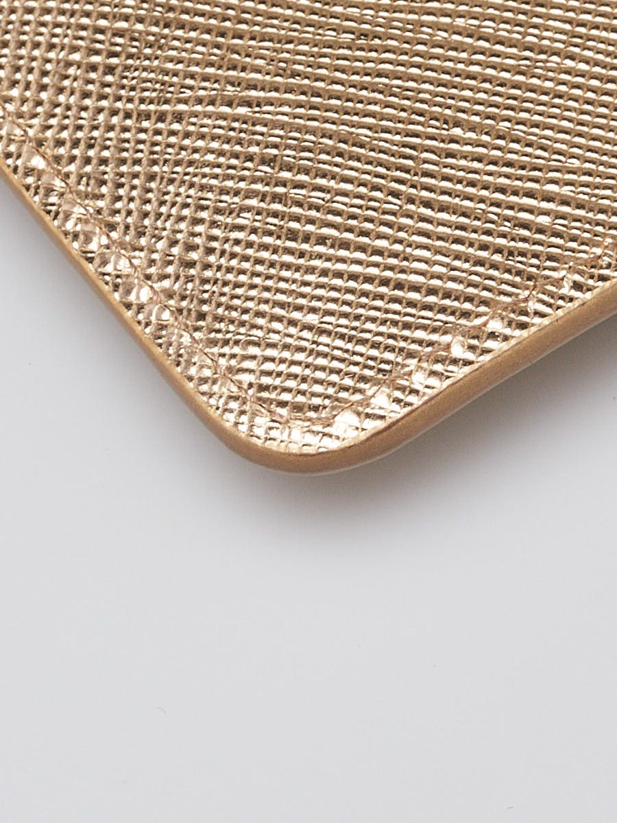 Prada Gold Saffiano Triangle Leather Card Holder Wallet | Yoogi's