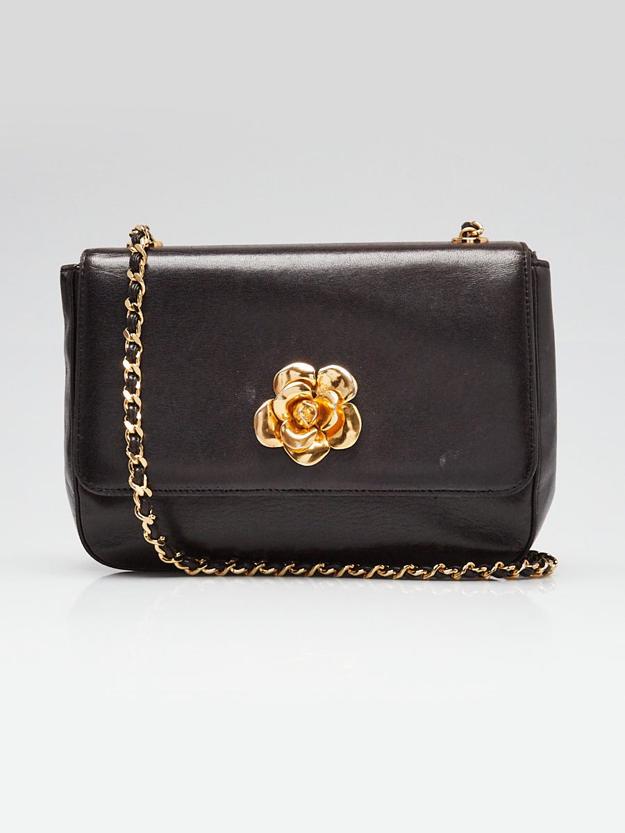 Chanel Black Lambskin Leather Camellia Evening Bag | Yoogi's Closet
