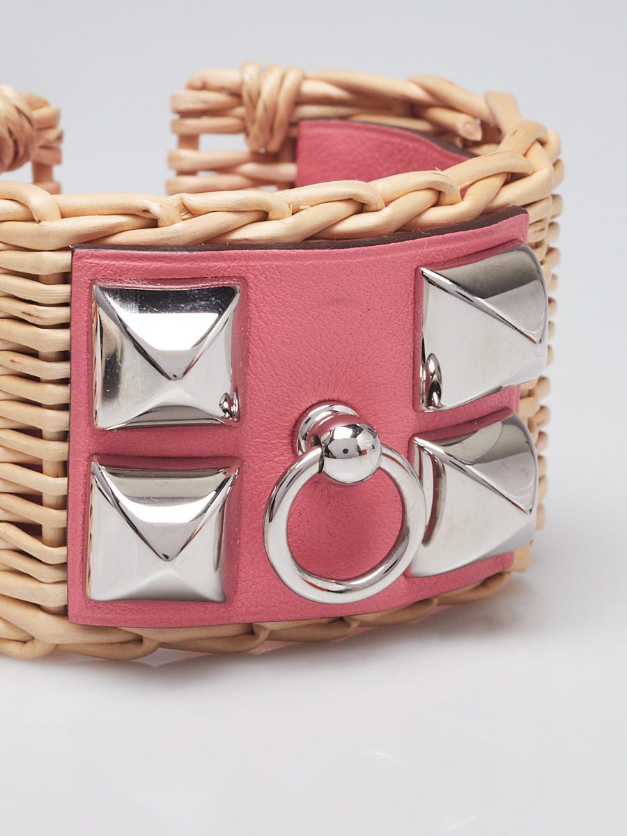Hermes Rose Azalee Leather and Straw Gold Plated Medor Picnic Cuff