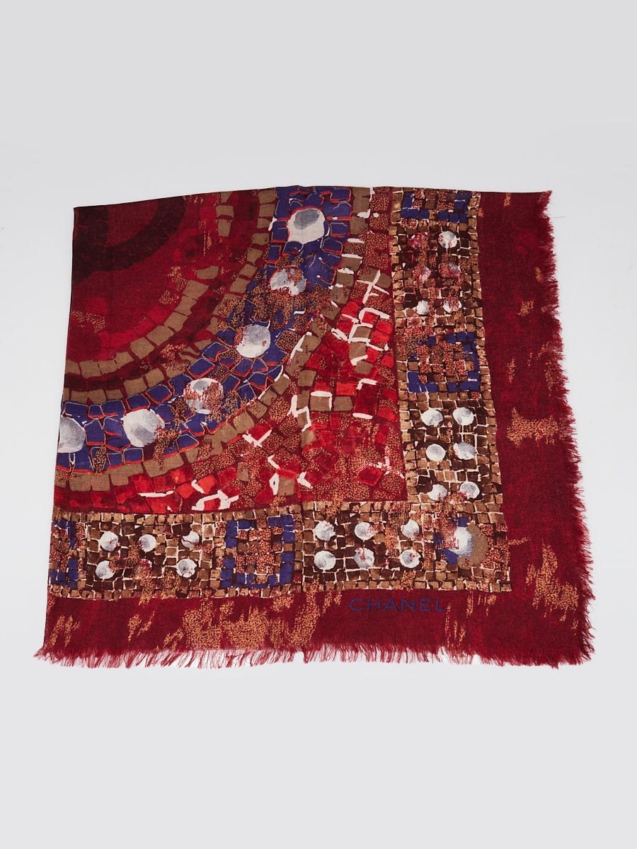Chanel Dark Red/Multicolor Cashmere Mosaic CC Print Shawl Scarf