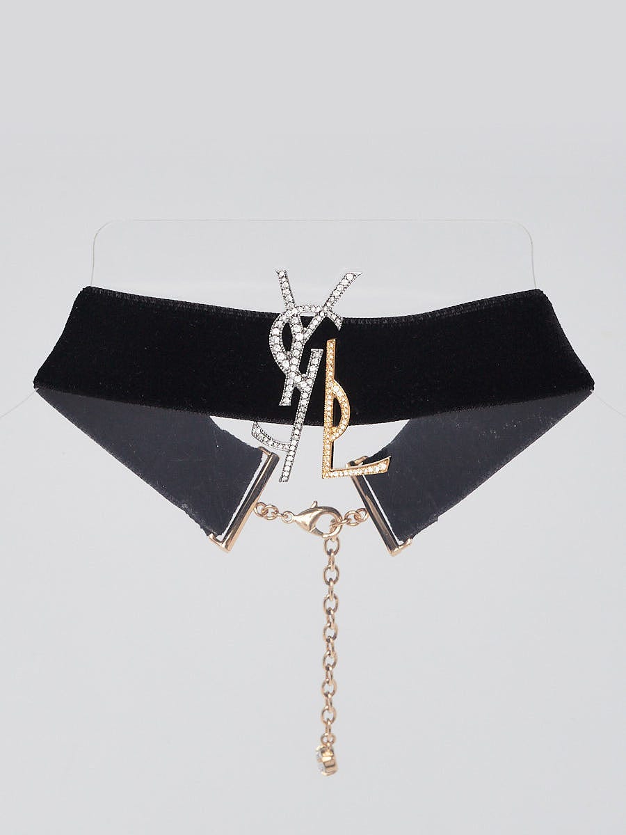 Yves Saint Laurent Black Velvet Crystal Two Tone Metal Logo Choker