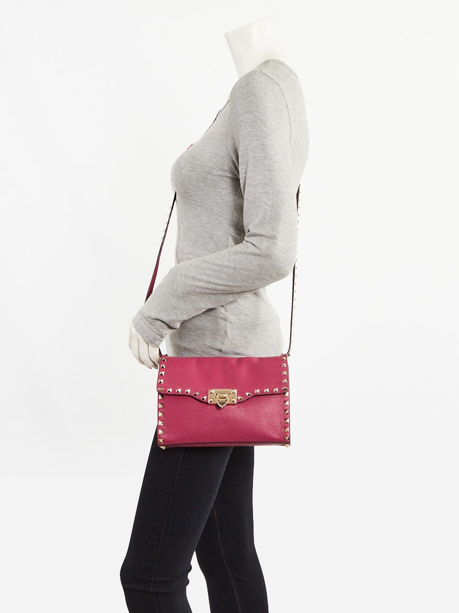 Valentino Dark Pink Pebbled Leather Rockstud Medium Flap Crossbody Bag