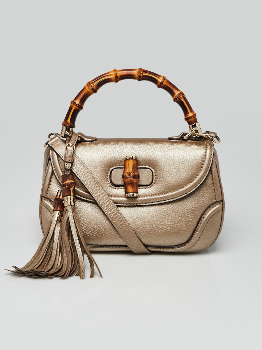 Gucci Pewter Pebbled Leather New Bamboo Medium Top Handle Bag