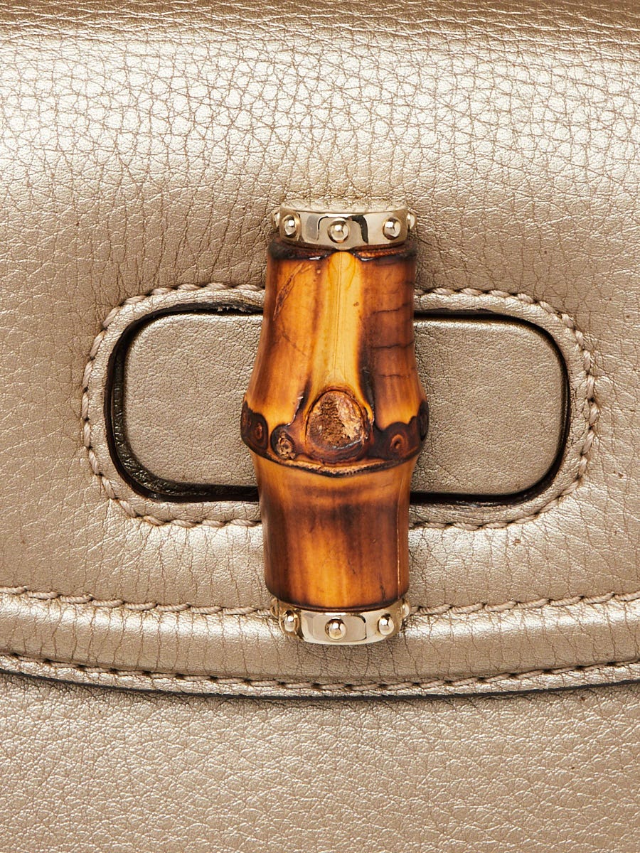 Gucci Pewter Pebbled Leather New Bamboo Medium Top Handle Bag