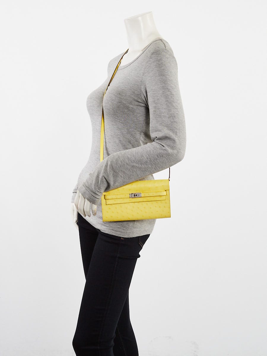 Hermes Jaune Citron Ostrich Palladium Plated Kelly To Go Wallet