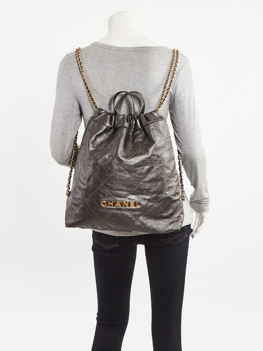 Chanel Dark Silver Quilted Leather Chanel 22 Backpack Bag