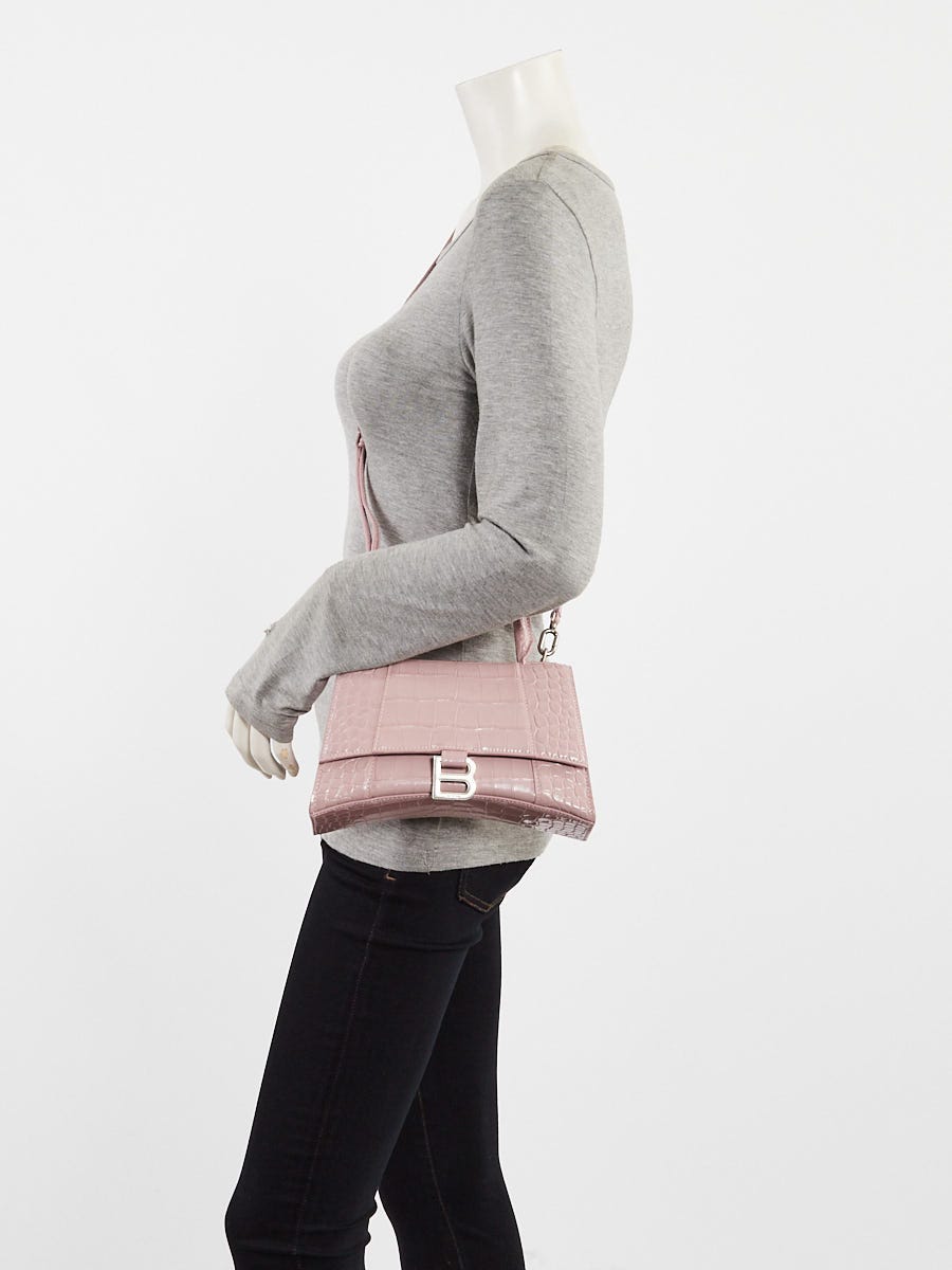 Balenciaga Pink Croc Embossed Leather Hourglass Small Top Handle Bag