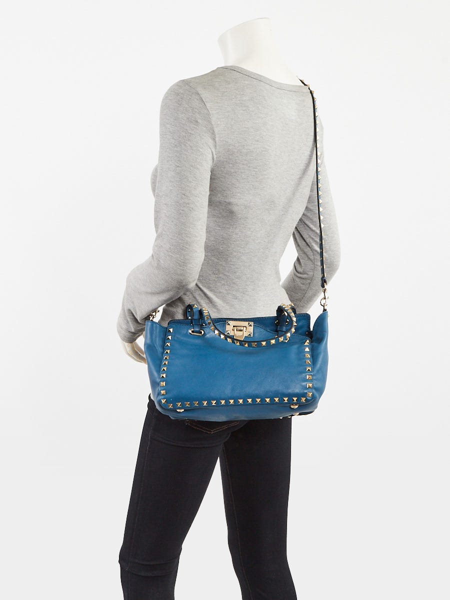 Valentino Blue Leather Rockstud Trapeze Small Tote Bag
