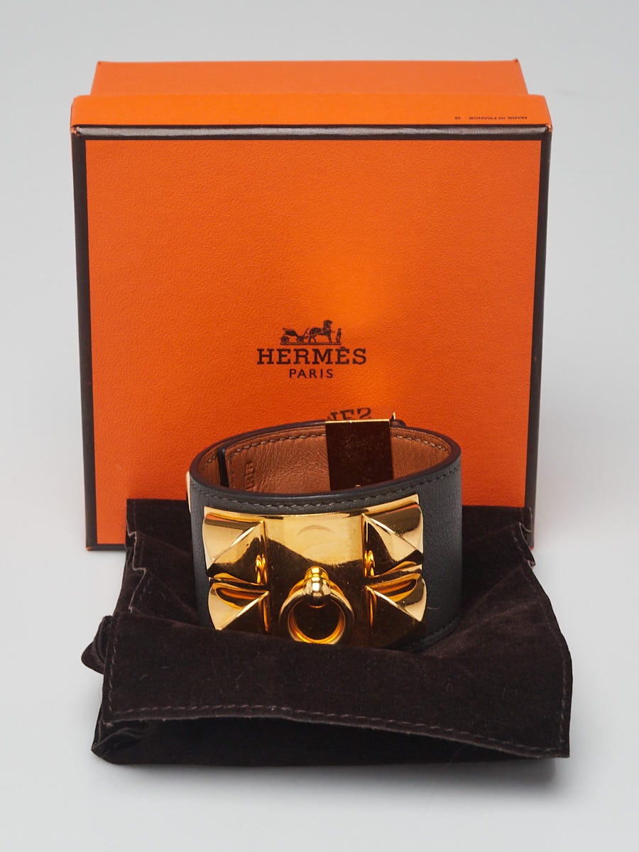 Hermes Gris Fonce Swift Leather Gold Plated Collier de Chien Gold Plated Collier de Chien Bracelet Size S