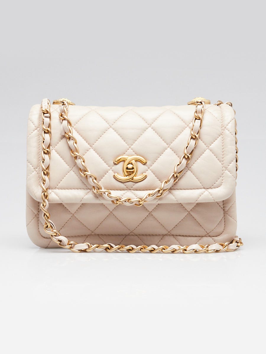 Chanel Light Beige Quilted Goatskin Leather Buttons on Top Flap