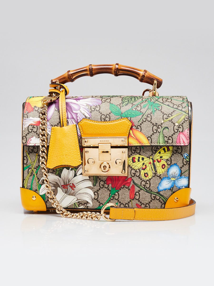 GUCCI フローラ　バンブー　バッグ Gucci Yellow Leather Flora Printed GG Supreme Canvas Small Padlock