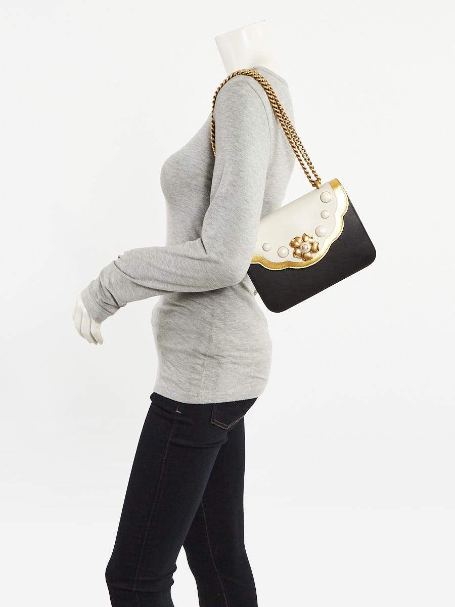 Gucci Black Leather Peony Small Faux Pearl Flower Chain Shoulder Bag