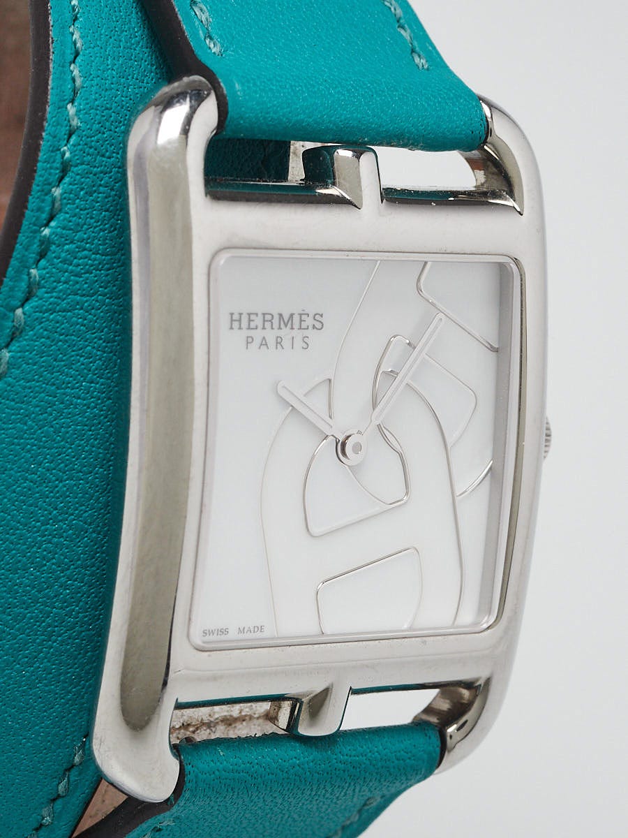 HERMES オルゴール Hermes 31mm Stainless Steel and Bleu Paon Swift Leather Double