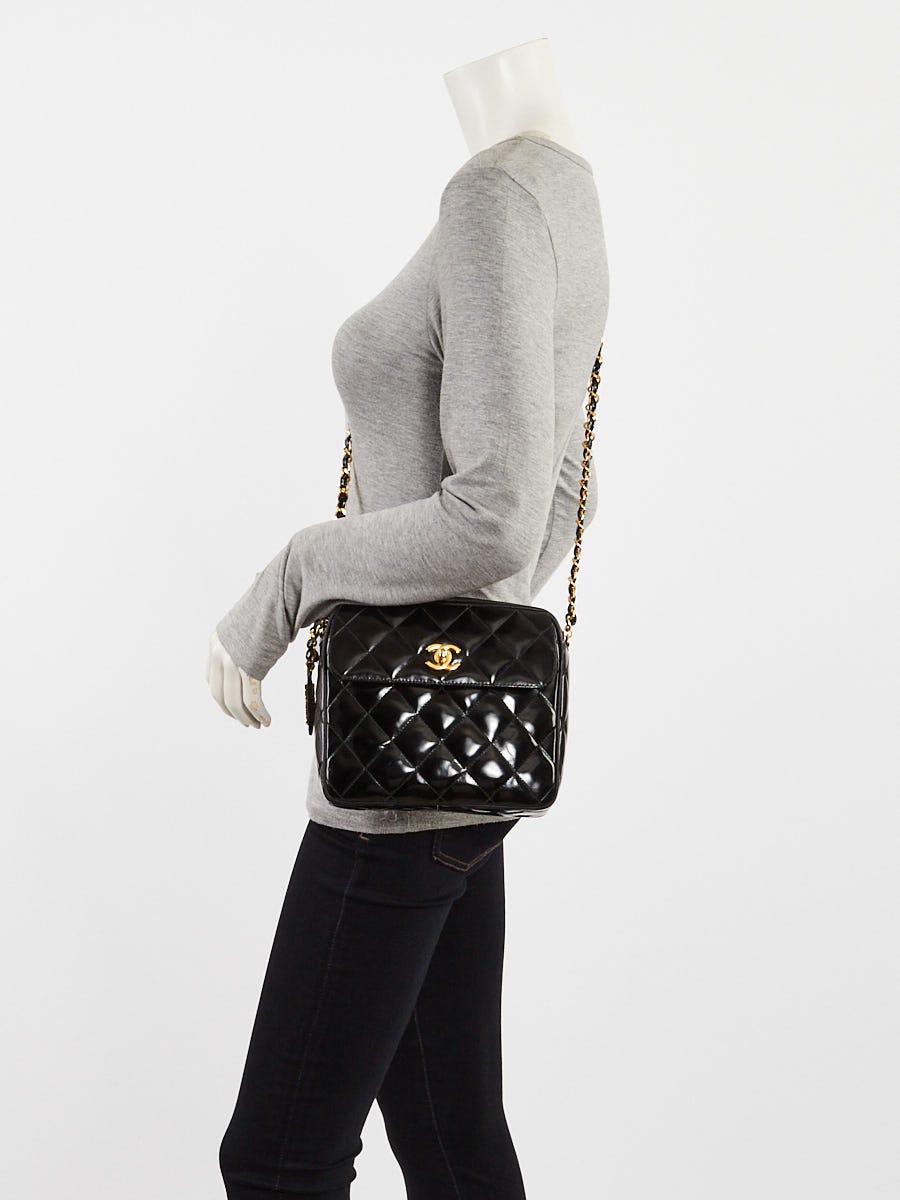 Chanel Black Quilted Patent Leather Square Front Pocket Camera Bag