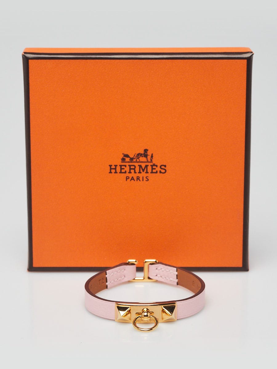 Hermes Rose Sakura Leather Gold Plated Mini Rivale Bracelet Size T2