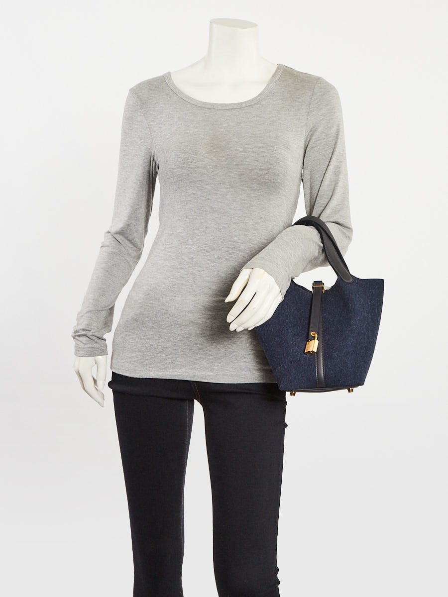 Hermes 18cm Blue Nuit Feutre Wool and Black Swift Gold Plated Picotin Bag