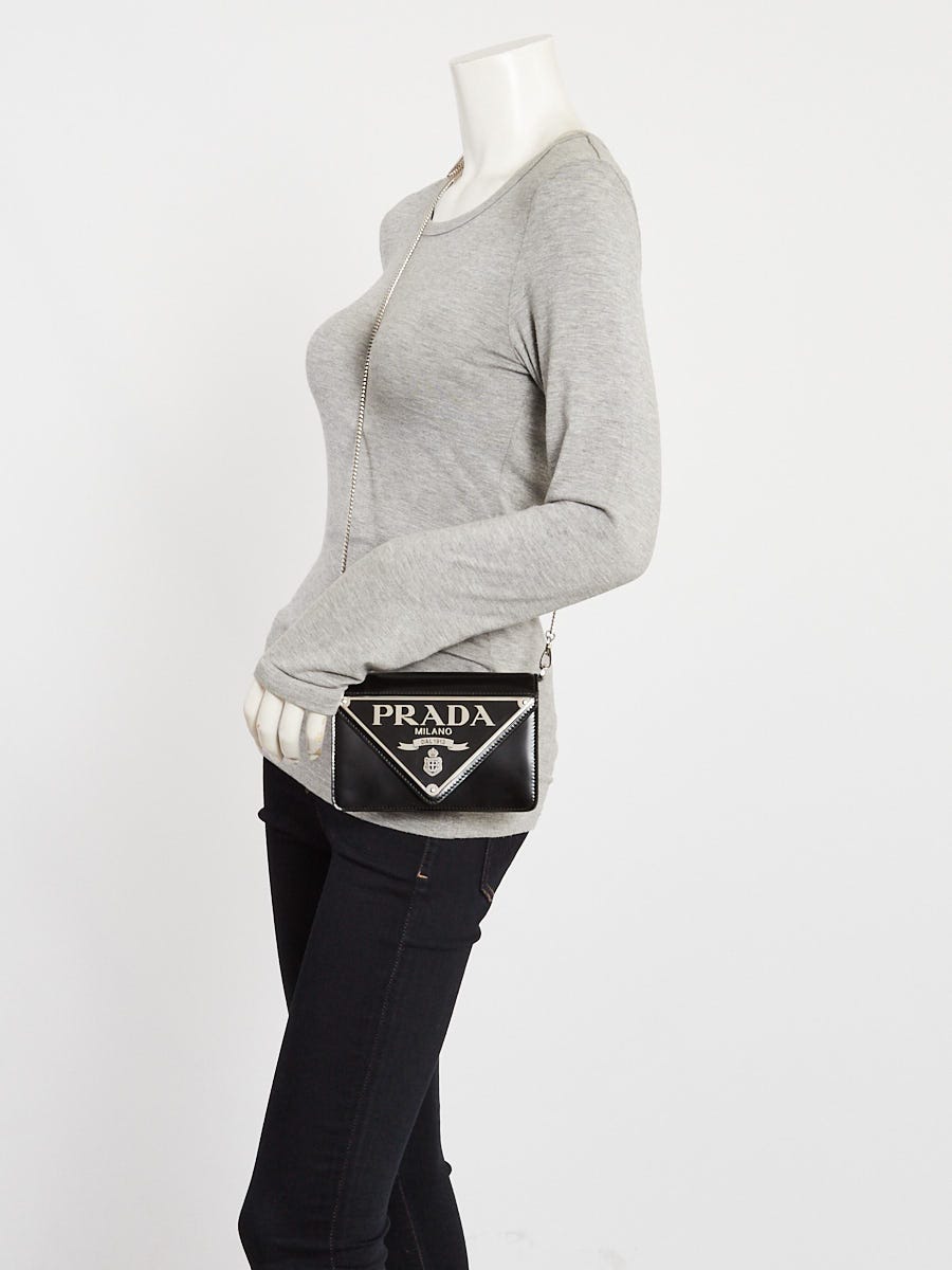 Prada Black Spazzolato Leather Maxi Triangle Logo Small Crossbody Flap Bag